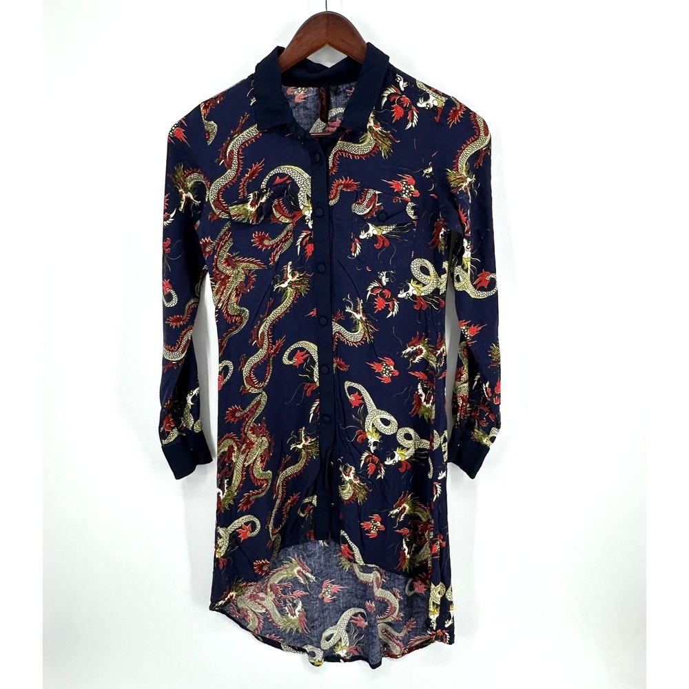 Ruby Rocks Women's Dragon Print Tunic / Shirt Dress Viscose Size XS Button Front